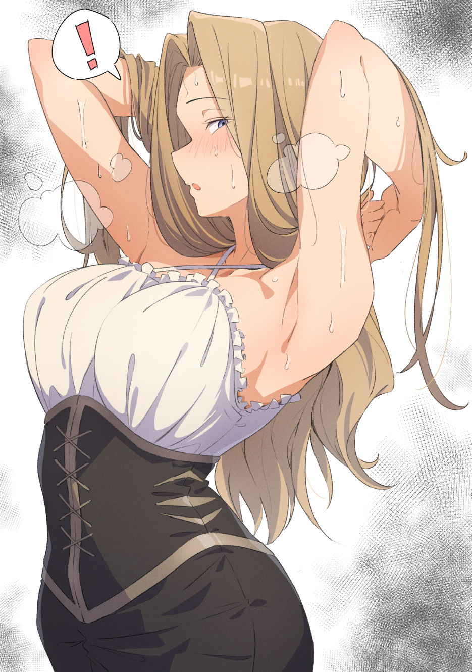 ! 1girl armpits arms_up black_skirt blue_eyes blush breasts breath brown_hair corset cowboy_shot criss-cross_halter dress eitopondo frilled_dress frills from_side halterneck hands_in_hair hands_in_own_hair highres hot large_breasts long_hair looking_at_viewer looking_to_the_side methode_(sousou_no_frieren) parted_bangs parted_lips sideways_mouth simple_background skirt sleeveless sleeveless_dress solo sousou_no_frieren spoken_exclamation_mark standing steam sweat white_background white_dress
