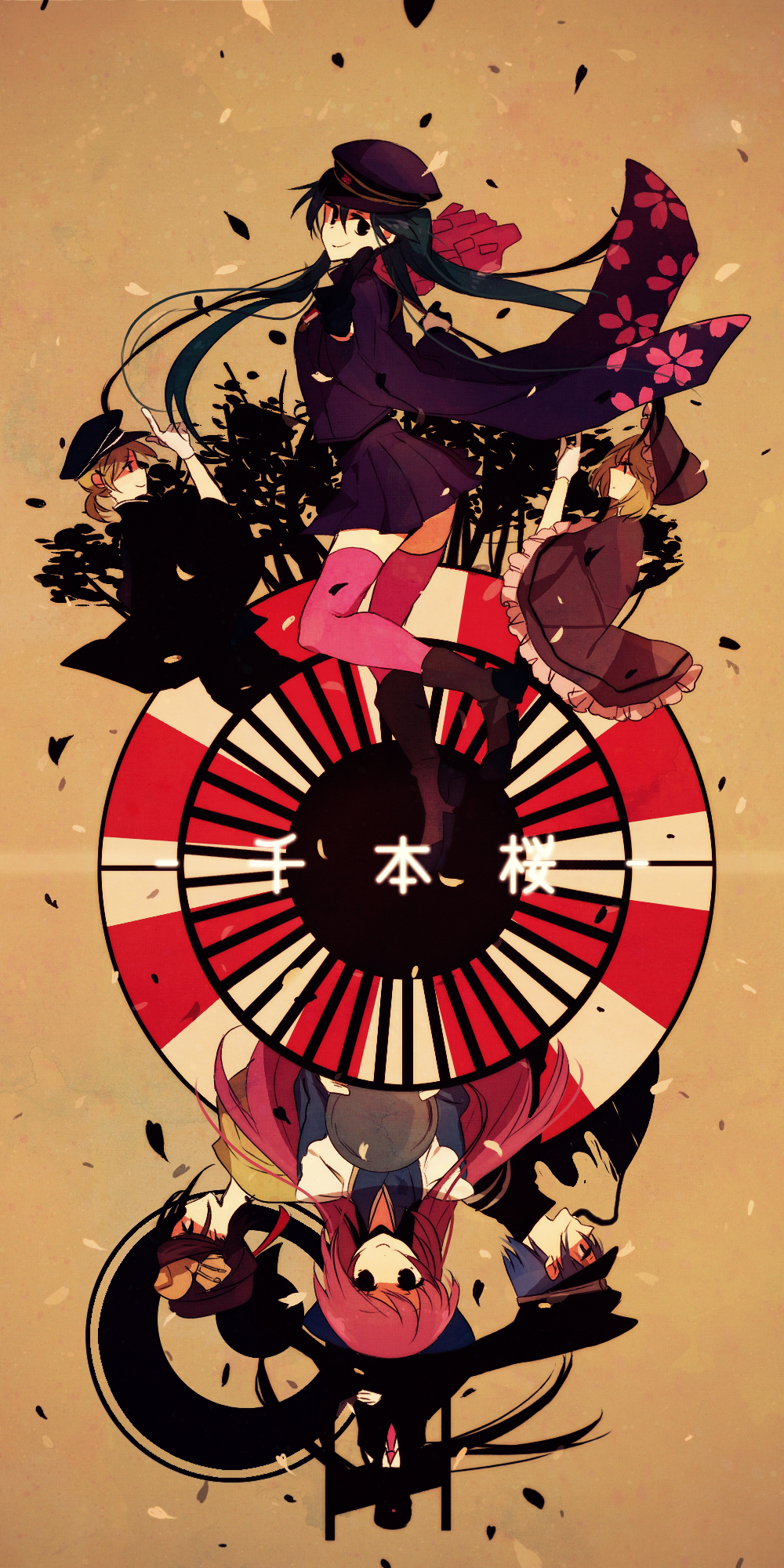 2boys 4girls anko_(kirikiri) bad_id bad_pixiv_id bonnet gloves hat hatsune_miku highres kagamine_len kagamine_len_(ni_no_sakura_senbu) kagamine_rin kagamine_rin_(ni_no_sakura_kouchou) kaito_(rei_no_sakura_sousetsu)_(vocaloid) kaito_(vocaloid) megurine_luka megurine_luka_(san_no_sakura_fuuka) meiko_(rei_no_sakura_benitsubaki)_(vocaloid) meiko_(vocaloid) multiple_boys multiple_girls peaked_cap pink_legwear senbon-zakura_(vocaloid) skirt thighhighs tray twintails vocaloid