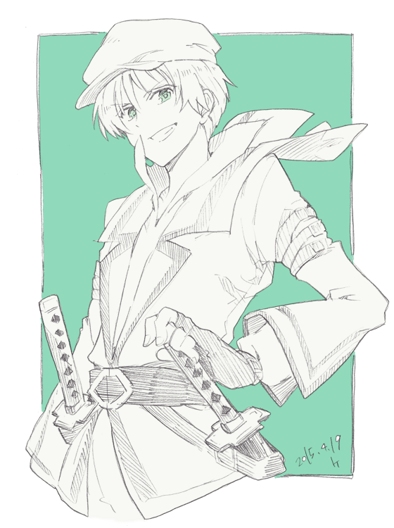 1boy belt green_eyes grin hat jacket open_mouth short_hair spada_belforma sword tales_of_(series) tales_of_innocence weapon