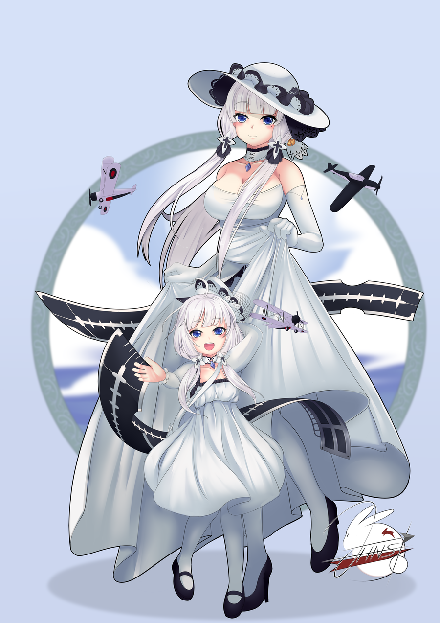 2girls aircraft airplane azur_lane bare_shoulders biplane black_footwear blue_eyes blue_gemstone breasts dress elbow_gloves fairey_swordfish flight_deck full_body gem gloves hat high_heels highres illustrious_(azur_lane) johnsonist lace-trimmed_headwear lace_trim large_breasts little_illustrious_(azur_lane) long_dress long_hair multiple_girls open_mouth purple_background shoes signature simple_background skirt_hold sleeveless sleeveless_dress strapless strapless_dress sun_hat very_long_hair white_dress white_gloves white_hair white_headwear