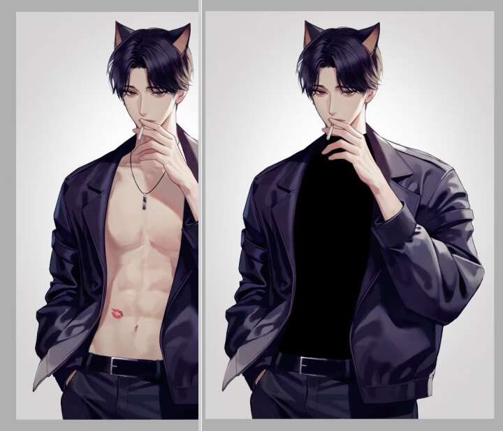 1boy abs animal_ears bare_pectorals belt black_belt black_hair black_jacket black_pants black_shirt border cat_ears cigarette commentary cowboy_shot english_commentary grey_background grey_border grey_eyes hand_in_pocket holding holding_cigarette jacket jewelry lipstick_mark lipstick_mark_on_stomach long_sleeves looking_to_the_side male_focus navel necklace open_clothes open_jacket original pants pectorals shirt short_hair simple_background toned toned_male toscana20460423
