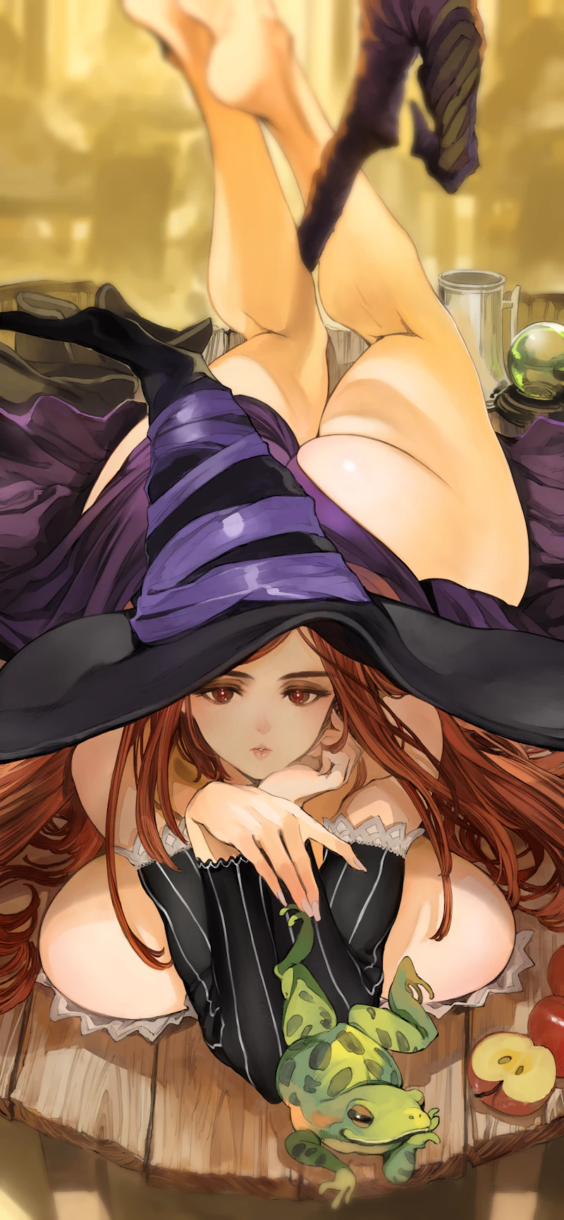 1girl apple ass bare_legs bare_shoulders barefoot between_legs black_hat black_sleeves blurry blurry_background breast_press breast_rest breasts bright_pupils clothes_lift commentary commission crystal_ball depth_of_field detached_sleeves dragon&#039;s_crown dress dress_lift elbow_rest english_commentary eyeshadow feet feet_out_of_frame fingernails food frog fruit hat head_rest highres houden_eizou huge_ass kneepits large_breasts large_hat legs_up lips long_fingernails long_hair long_image looking_ahead looking_at_viewer lying makeup mixed-language_commentary on_stomach on_table parted_lips purple_dress red_eyes red_eyeshadow red_hair shadow skeb_commission soles solo sorceress_(dragon&#039;s_crown) staff straight_hair table tall_image thick_thighs thighs white_nails white_pupils wide_hips witch_hat