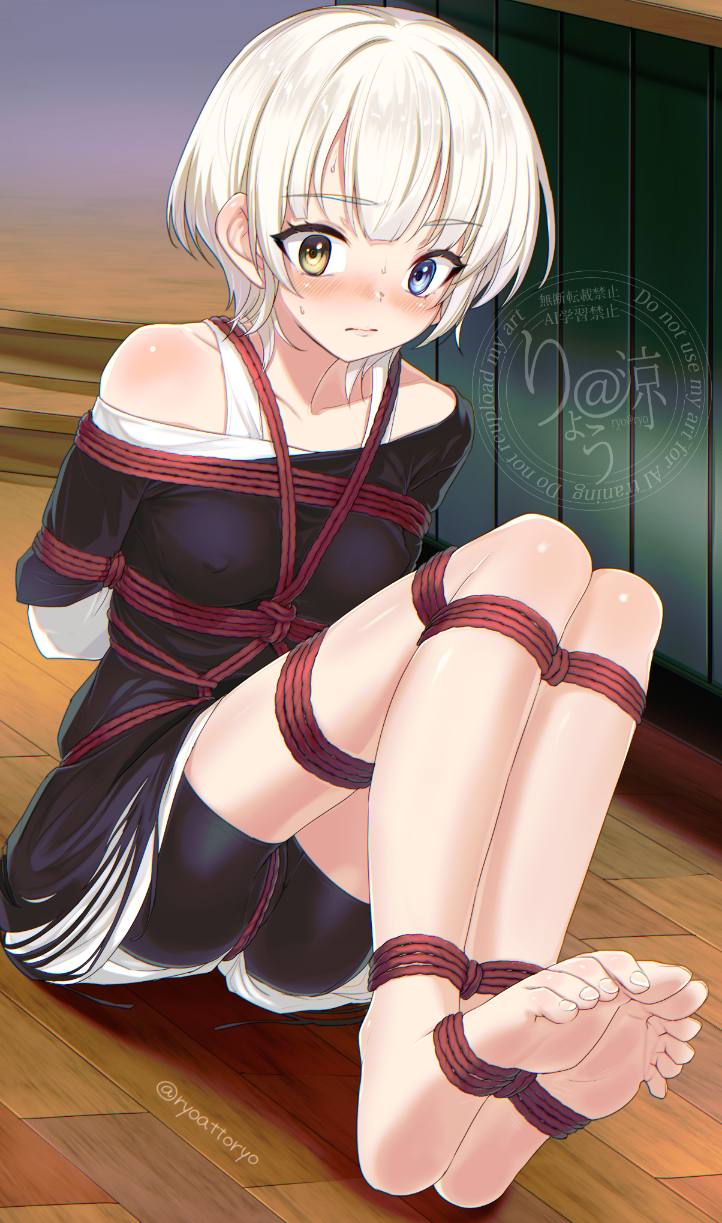 1girl arms_behind_back artist_name bang_dream! bang_dream!_it&#039;s_mygo!!!!! bare_legs barefoot bdsm black_shirt blue_eyes blush bondage bound collarbone covered_erect_nipples crotch_rope feet gag heterochromia highres indoors kaname_raana knees_up layered_sleeves legs long_sleeves off_shoulder on_floor ryou@ryou shibari shirt short_hair short_over_long_sleeves short_sleeves shorts sleeves_past_wrists soles solo sweat toenails toes watermark white_hair white_shirt yellow_eyes