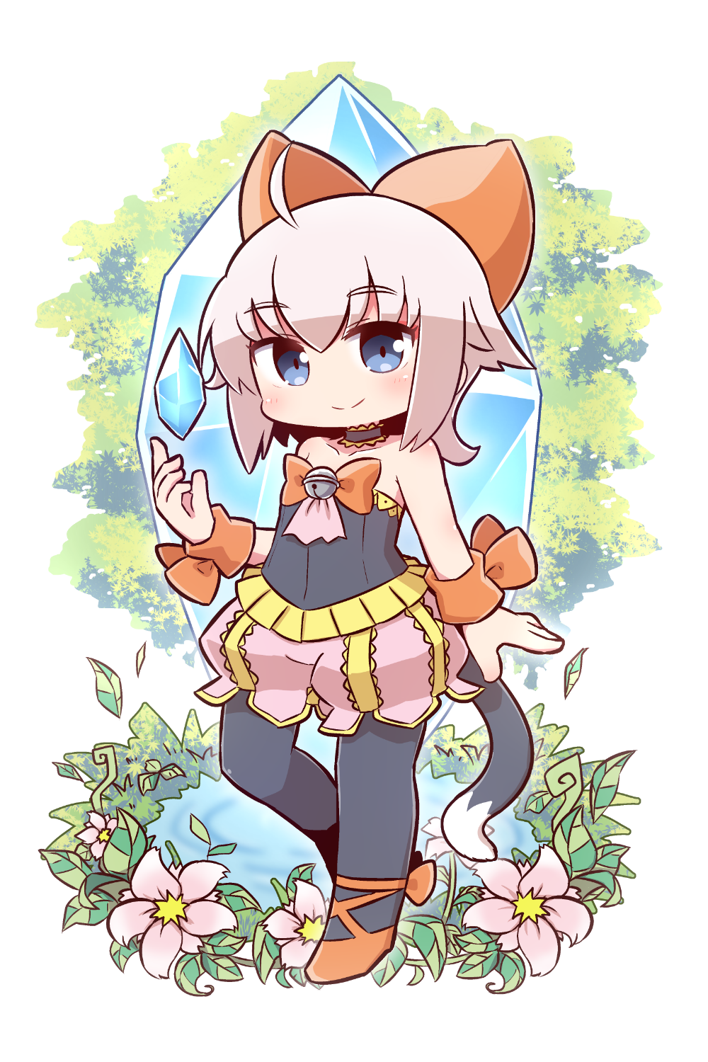 1girl ahoge bare_shoulders bell black_choker black_pantyhose black_shirt blue_eyes blush bow brown_hair cat_tail chibi choker closed_mouth collarbone commentary_request crystal female_focus final_fantasy final_fantasy_crystal_chronicles final_fantasy_crystal_chronicles:_echoes_of_time flat_chest flower hair_between_eyes hair_bow head_tilt highres jingle_bell naga_u orange_bow orange_shoes pantyhose pink_flower pink_shorts puffy_shorts sherlotta shirt shoes short_shorts shorts smile solo standing standing_on_one_leg strapless tail water white_background wristband