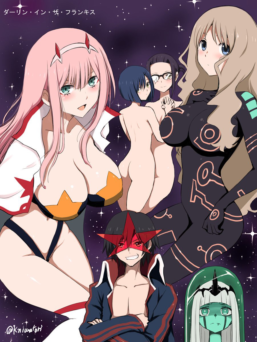001_(darling_in_the_franxx) 10s 1boy 5girls antispiral_nia antispiral_nia_(cosplay) ass bikini bikini_top_only black_bodysuit black_hair blue_eyes blue_hair blue_jacket blue_skin blunt_bangs blush bodysuit boots breasts cape cleavage colored_skin commentary_request cosplay creator_connection crossed_arms darling_in_the_franxx fang glasses green_eyes hair_ornament hairband highres hiro_(darling_in_the_franxx) holding_hands horns hug ichigo_(darling_in_the_franxx) ikuno_(darling_in_the_franxx) jacket kokoro_(darling_in_the_franxx) large_breasts light_blue_hair light_brown_hair long_hair looking_at_viewer looking_back lordgenome lordgenome_(cosplay) mask multiple_girls navel nia_teppelin night night_sky niwatori_kokezou nude oni_horns open_clothes open_jacket parody pink_hair ponytail purple_eyes purple_hair red_horns scar scar_on_face short_hair signature simon simon_(cosplay) simon_(ttgl) sky space_yoko star_(sky) star_(symbol) swimsuit tengen_toppa_gurren_lagann thick_eyebrows thigh_boots thighhighs thighs trigger_(company) white_cape white_hairband white_legwear yoko_littner yoko_littner_(cosplay) yuri zero_two_(darling_in_the_franxx)