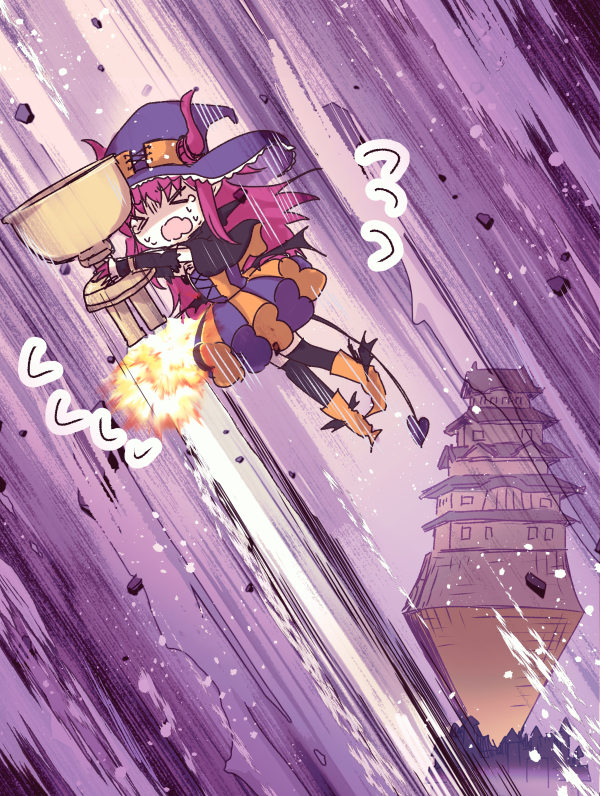 &gt;_&lt; 1girl architecture boots capelet castle dress east_asian_architecture elizabeth_bathory_(fate) elizabeth_bathory_(halloween_caster)_(fate) fate/grand_order fate_(series) hat holy_grail_(fate) horns long_hair minafuni motion_lines purple_background purple_hair pyramid_(structure) speed_lines tail two-tone_dress witch_hat