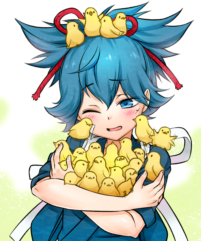 10s 1boy animal animal_on_head bird bird_on_head blue_eyes blue_hair blush chick japanese_clothes kagetora male_focus on_head one_eye_closed open_mouth ponytail sayo_samonji smile too_many too_many_birds too_many_chicks touken_ranbu