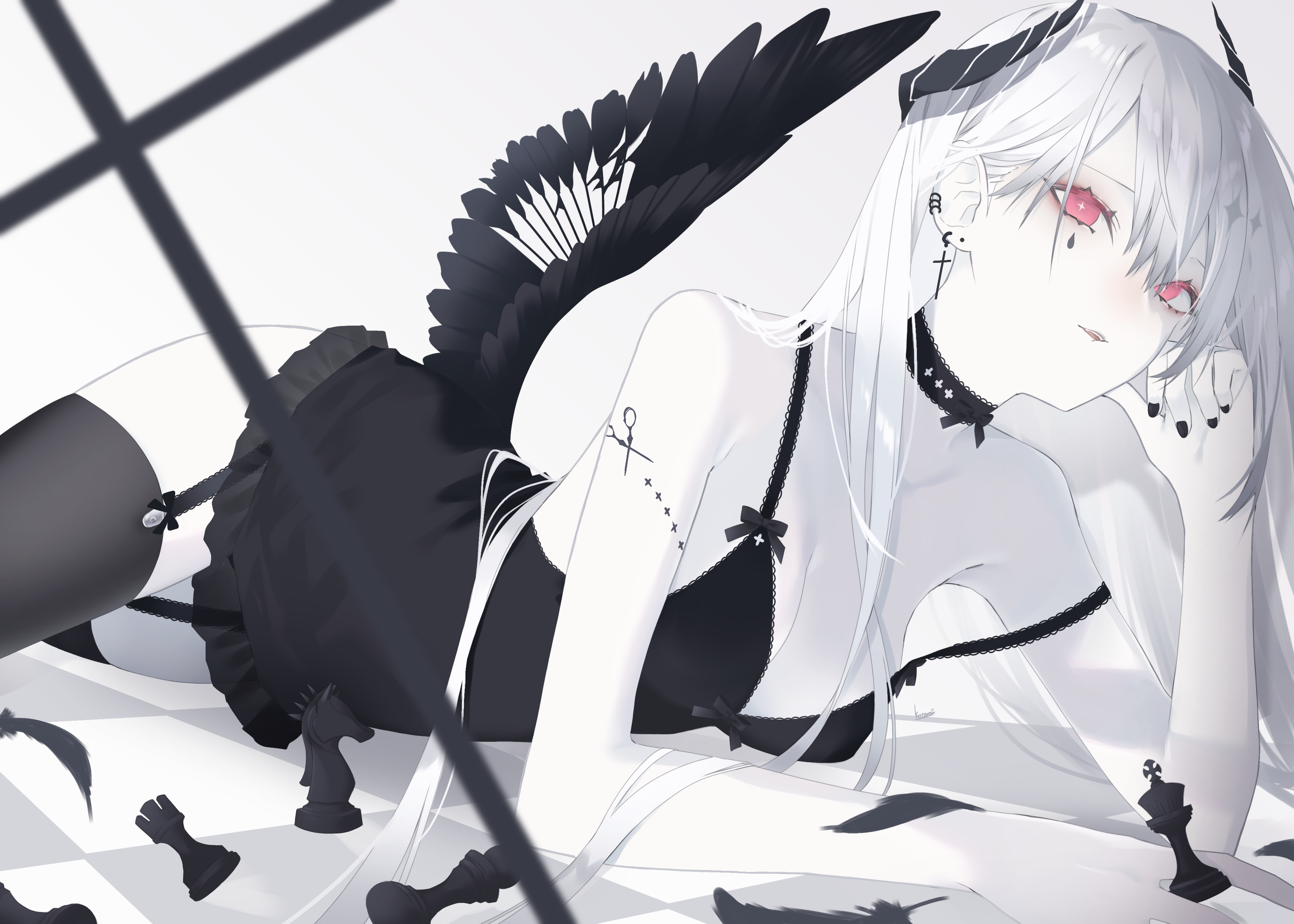 1girl absurdres bare_shoulders bishop_(chess) black_choker black_dress black_horns black_nails black_ribbon black_thighhighs breasts chess_piece choker cleavage closed_mouth colored_skin commentary_request cross cross-shaped_pupils cross_earrings demon_horns dress ear_piercing earrings elbow_rest garter_straps hand_on_own_face head_rest highres horns jewelry king_(chess) knight_(chess) kotarou_(kot_mochi) large_breasts latin_cross looking_at_viewer lying mark_under_eye nail_polish on_side open_mouth original piercing red_eyes ribbon rook_(chess) scissor_tattoo short_dress smile solo strap_slip stud_earrings symbol-shaped_pupils teardrop_facial_mark thighhighs white_skin