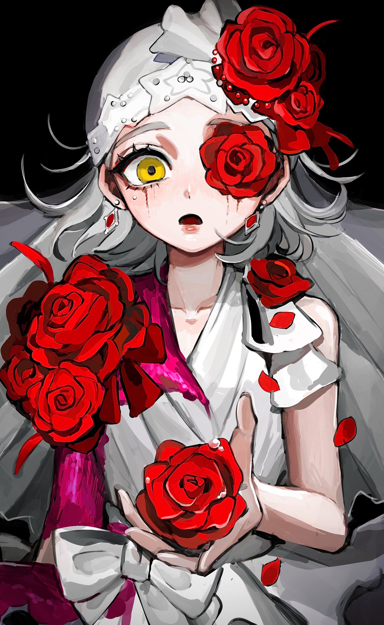 1girl :o black_background blood blood_on_arm blood_on_clothes bow dew_drop dress dress_flower earrings falling_petals flower flower_over_eye grey_hair hair_flower hair_ornament highres hoge_(n8sss) holding holding_flower identity_v jewelry lips looking_at_viewer makeup medium_hair official_alternate_costume petals pink_blood red_flower red_rose rose runny_makeup simple_background sleeveless sleeveless_dress solo straight-on upper_body veil vera_nair vera_nair_(crimson_bride) waist_bow water_drop white_bow white_dress yellow_eyes