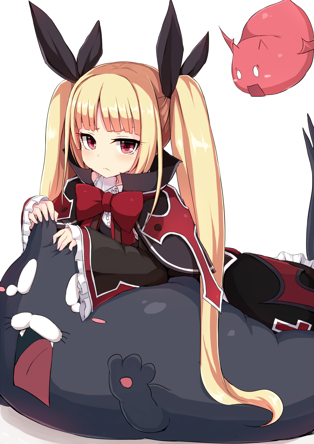 1girl bad_id bad_pixiv_id blazblue blonde_hair blush_stickers bow cat demon_wings dress fangs frown gii gothic_lolita grabbing_another&#039;s_ear hair_ribbon hand_on_another&#039;s_ear highres lolita_fashion long_hair looking_at_viewer lying nago ocha_(ochappie) on_stomach open_mouth rachel_alucard red_bow red_eyes ribbon shadow slit_pupils tears twintails wide_sleeves wings