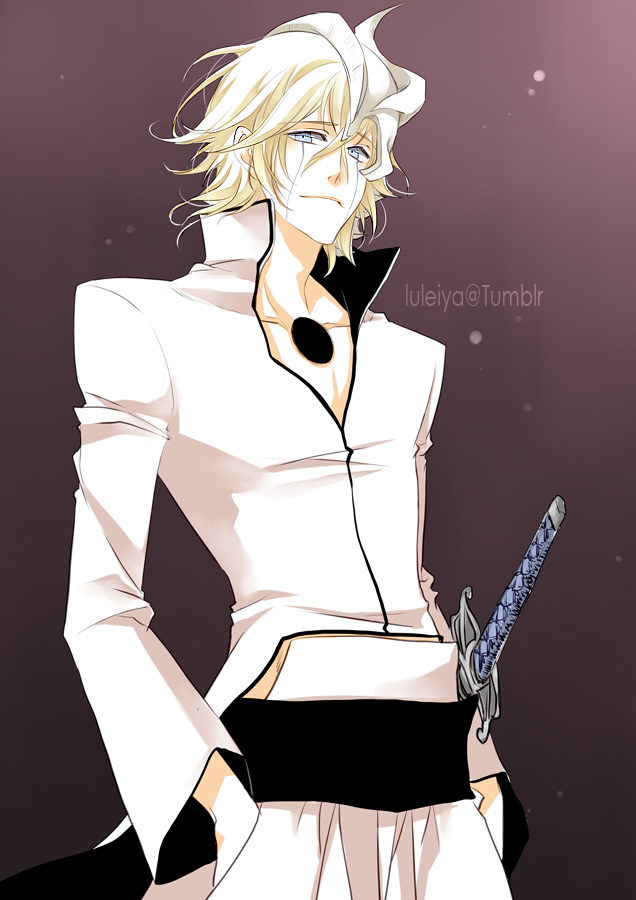1boy artist_name bleach blue_eyes cosplay facial_mark fai_d._flowright gradient_background hands_in_pockets headgear hole_in_chest hole_on_body luluko_(starryluluko) male_focus namikawa_daisuke smile solo sword tsubasa_chronicle ulquiorra_cifer ulquiorra_cifer_(cosplay) upper_body voice_actor_connection weapon white_hair