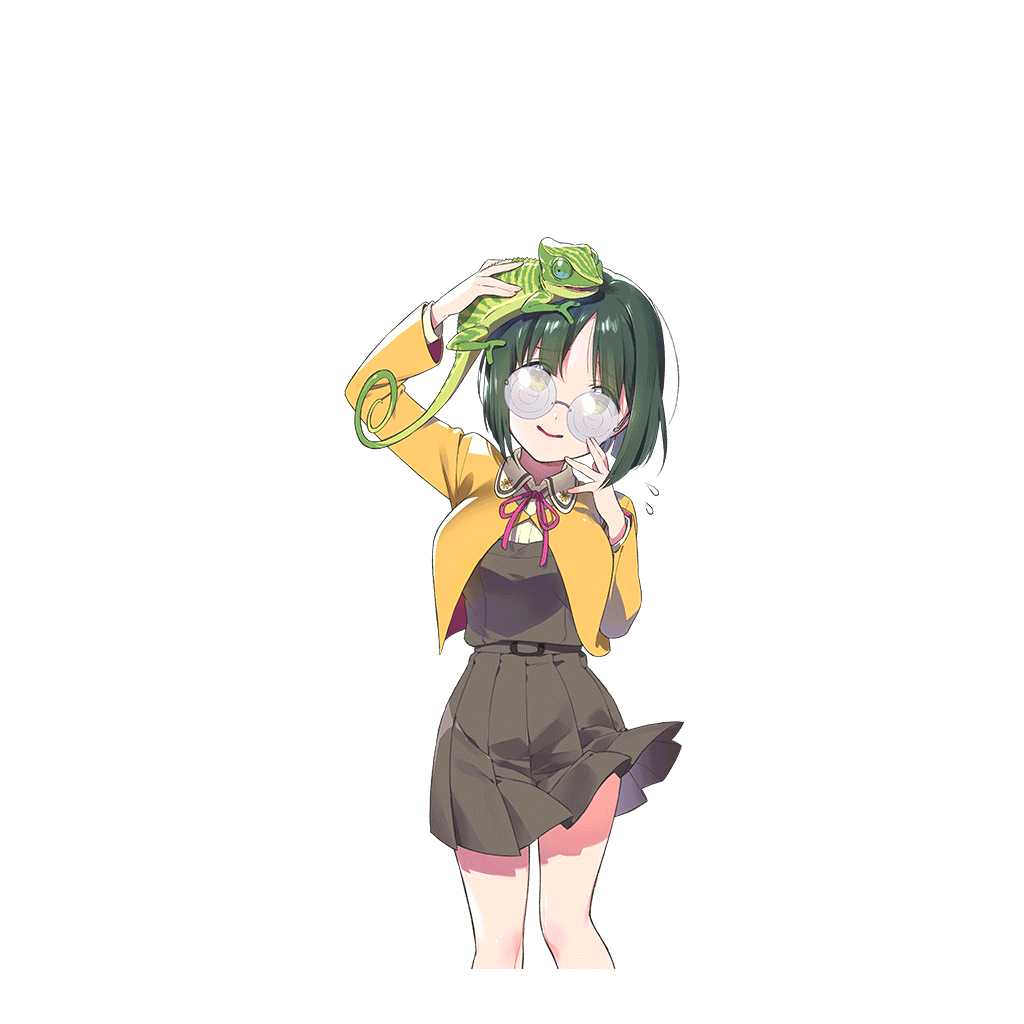 10s 1girl animal animal_on_head belt bob_cut breasts chameleon female_focus glasses green_hair gyoro love_live! love_live!_school_idol_festival official_art on_head pleated_skirt raised_eyebrows ribbon school_uniform shitara_fumi short_hair skirt solo standing transparent_background white_background yellow_eyes zekkyou_(h9s9)