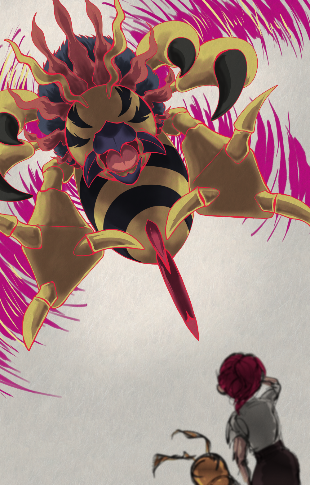 antennae beak bug digimon digimon_(creature) flymon highres kunemon open_mouth red_hair