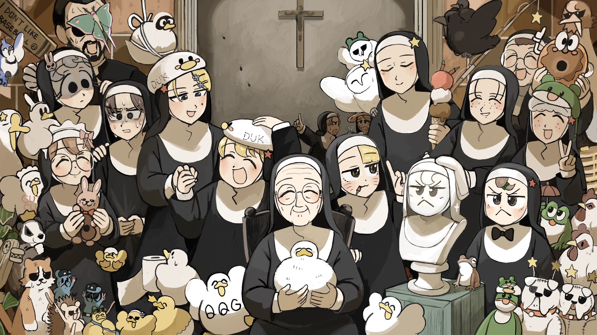 1boy 6+girls :d bird black_bow black_bowtie black_eyes black_hair blonde_hair blue_eyes blue_jay bow bowtie brown_eyes brown_hair bunny_nun_(diva) chicken closed_eyes clumsy_nun_(diva) commentary cricket_bat cross crow diva_(hyxpk) duck duck_hat duckling english_commentary everyone facial_hair father_(diva) food freckles freckles_nun_(diva) frog frog_hat frog_headband froggy_nun_(diva) glasses glasses_nun_(diva) goose grey_hair habit hair_ornament hat hedgehog highres hungry_nun_(diva) ice_cream leaf_nun_(diva) little_nuns_(diva) mother_superior_(diva) mouse_(animal) multiple_girls nausea nervous_sweating nun open_mouth ostrich owl pancake_nun_(diva) rabbit_hair_ornament red_star round_eyewear sculpture shaded_face sheep_nun_(diva) smile smug_nun_(diva) soft_serve spicy_nun_(diva) star_(symbol) star_nun_(diva) star_ornament strict_nun_(diva) sunglasses sweat toilet_paper traditional_nun turn_pale v
