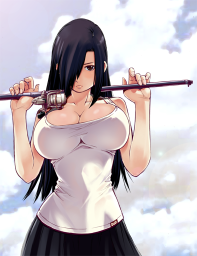 1girl bare_arms bare_shoulders black_eyes black_hair black_skirt breasts brown_eyes cleavage closed_mouth cloud collarbone day female_focus fishing fishing_rod hair_over_one_eye hands_up holding holding_fishing_rod huge_breasts long_hair looking_at_viewer matching_hair/eyes outdoors over_shoulder sato_masaki_(masayakofu) serious shinkai_nagisa shirt skirt sky sleeveless solo standing tsurichichi_nagisa white_shirt