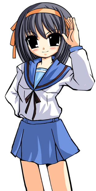 00s 1girl bad_anatomy brown_hair female_focus johnmaru poorly_drawn school_uniform serafuku short_hair solo suzumiya_haruhi suzumiya_haruhi_no_yuuutsu