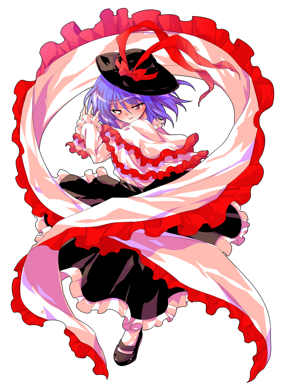 1girl alphes_(style) black_hat black_shoes black_skirt blush capelet collared_shirt commentary_request dairi frilled_capelet frilled_shawl frills full_body hagoromo half-closed_eyes hand_up hat hat_ribbon highres large_variant_set long_skirt long_sleeves looking_at_viewer medium_hair nagae_iku parody parted_lips purple_hair red_eyes ribbon shawl shirt shoes skirt smile solo style_parody tachi-e touhou transparent_background variant_set white_shirt