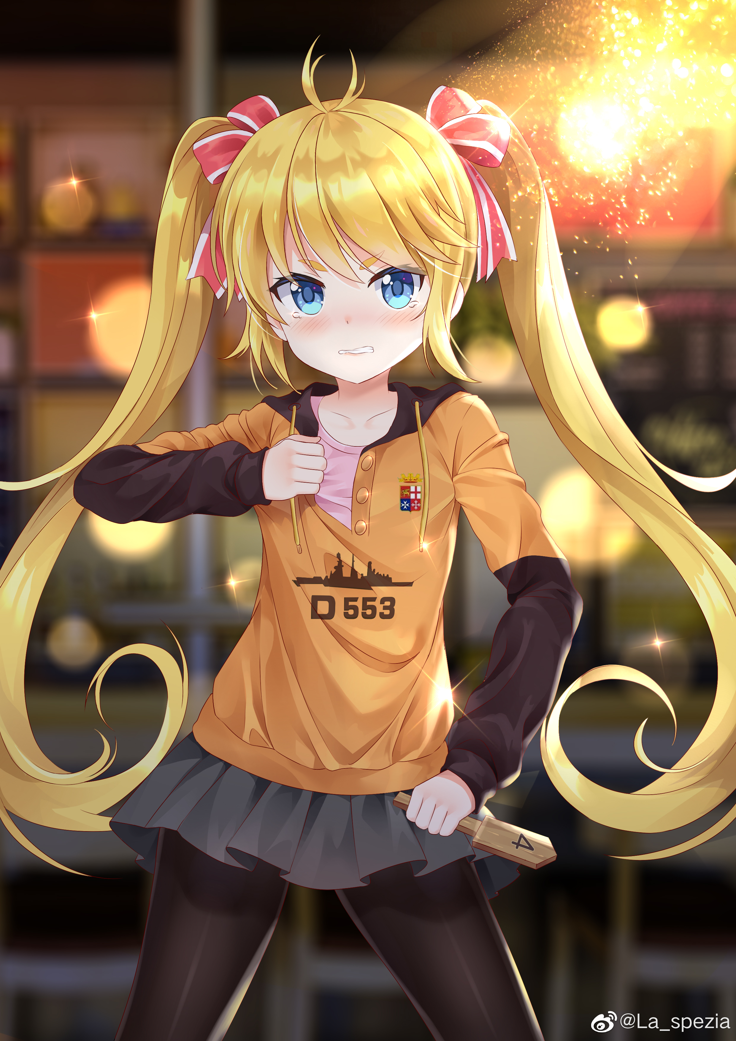 1girl absurdres alternate_costume andrea_doria_(warship_girls_r) bad_link black_pantyhose blonde_hair blue_eyes blurry blurry_background blush collarbone hair_ornament hair_ribbon highres jojo_no_kimyou_na_bouken jojo_pose looking_at_viewer pantyhose parody ribbon solo twintails vento_aureo warship_girls_r watermark weibo_watermark window