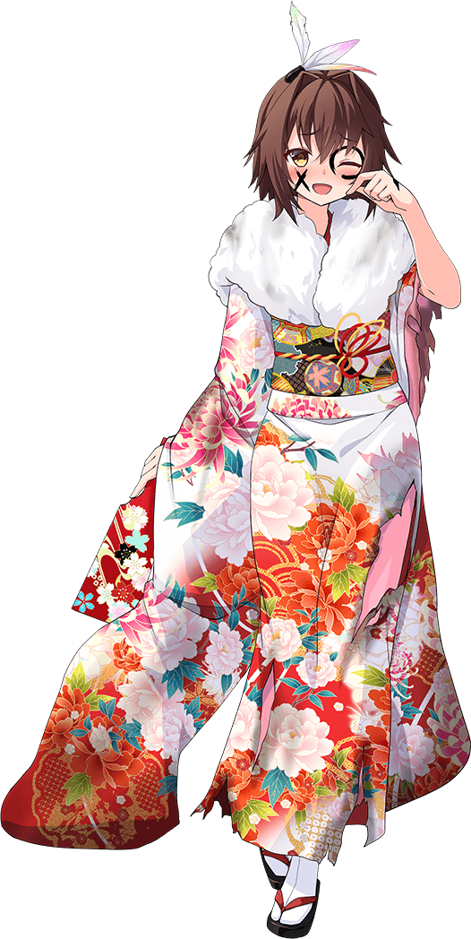 1girl blush brown_hair circle_facial_mark facepaint facial_mark floral_print flower full_body fur_collar furutaka_(kancolle) furutaka_(new_year)_(kancolle) furutaka_(new_year_mode)_(kancolle) glowing glowing_eye hair_flower hair_ornament japanese_clothes kantai_collection kimono new_year official_art one_eye_closed open_mouth short_hair smile solo torn_clothes torn_kimono transparent_background ugume wide_sleeves x x_facial_mark yellow_eyes
