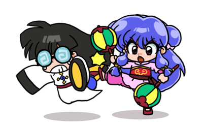 1boy 1girl black_hair chibi double_bun glasses hair_bun kicking lowres mousse_(ranma_1/2) purple_hair ranma_1/2 shampoo_(ranma_1/2) simple_background wanta_(futoshi) white_background