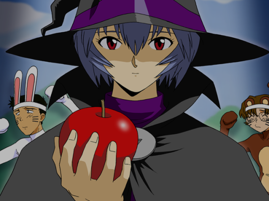 1girl 2boys aida_kensuke animal_costume animal_ears apple ayanami_rei black_hair blue_hair brown_hair cosplay custom embarrassed food fruit glasses hat looking_at_viewer multiple_boys neon_genesis_evangelion rabbit_costume rabbit_ears red_eyes serious suzuhara_touji witch witch_hat