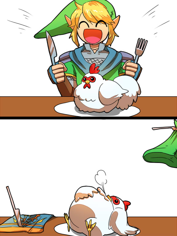 1boy bird blonde_hair chicken cucco fork hat hyrule_warriors instant_loss kamiura knife link nintendo pointy_ears role_reversal scarf shoulder_pads smile the_legend_of_zelda vore