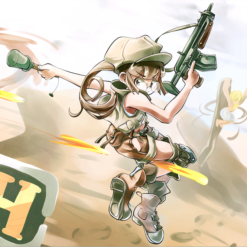 1girl artist_request bare_shoulders blonde_hair boots cloud cloudy_sky fio_germi from_behind glasses granade gun hat hill jacket long_hair long_sleeves metal_slug ponytail sand shorts sky sleeveless sleeves_past_wrists weapon