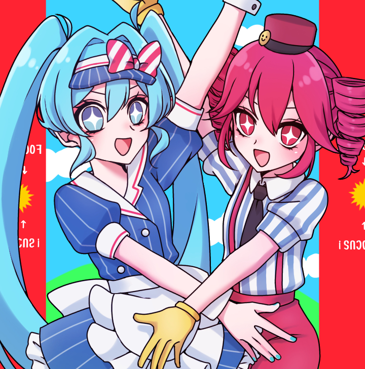 2girls apron black_necktie blue_dress blue_eyes blue_hair blue_nails bow buttons collared_shirt commentary diagonal-striped_bow double-breasted dress drill_hair flat_chest floral_ice frilled_apron frills gloves hair_between_eyes hair_intakes hat hatsune_miku kasane_teto long_hair mesmerizer_(vocaloid) multiple_girls necktie open_mouth pants pink_hair pink_pants puffy_short_sleeves puffy_sleeves red_eyes red_hat shirt short_sleeves smile sparkling_eyes striped_clothes striped_dress striped_shirt suspenders twin_drills twintails v-shaped_eyebrows vertical-striped_clothes vertical-striped_dress vertical-striped_shirt visor_cap vocaloid waist_apron waitress white_apron white_shirt wrist_cuffs yellow_gloves