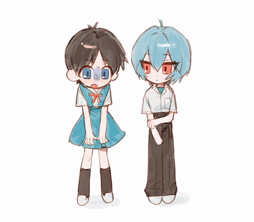 1boy 1girl ayanami_rei ayanami_rei_(cosplay) blue_eyes blue_hair cosplay costume_switch crossdressing embarrassed full_body ikari_shinji ikari_shinji_(cosplay) neon_genesis_evangelion open_mouth pants red_eyes school_uniform short_hair simple_background sow033 tokyo-3_middle_school_uniform white_background white_footwear white_pants