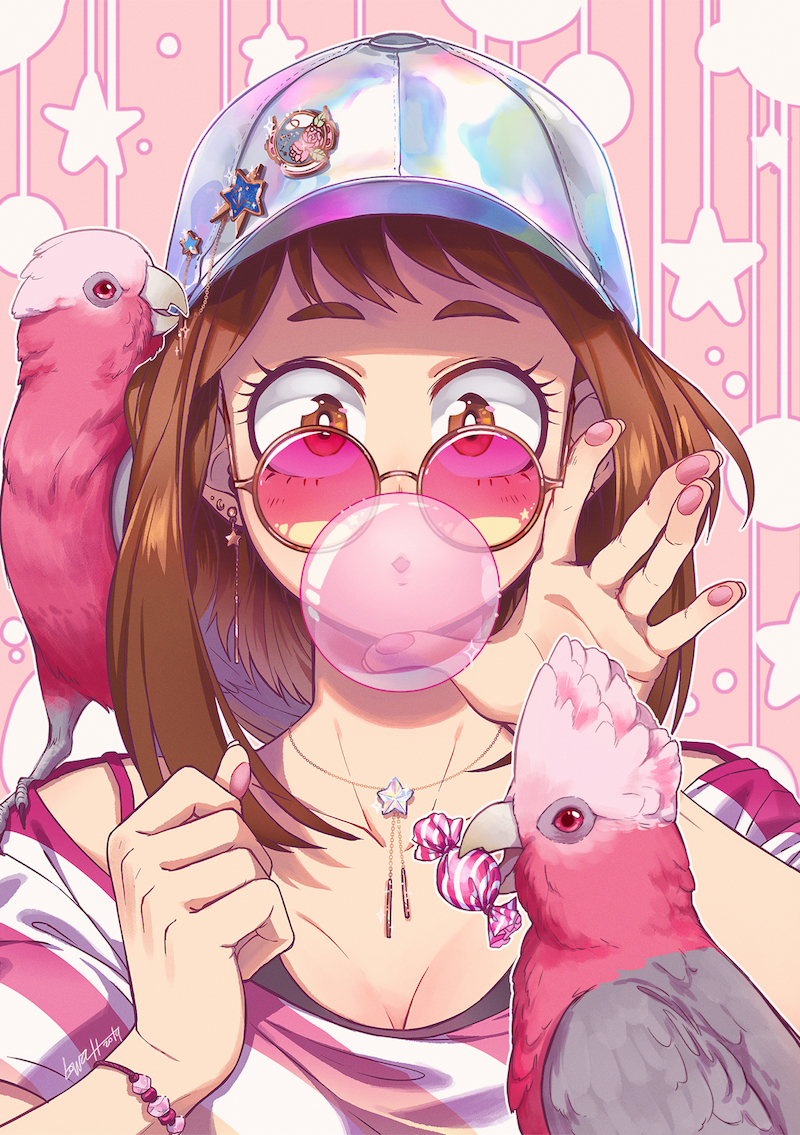 1girl animal bird boku_no_hero_academia brown_hair blowing_bubbles chewing_gum eyebrows galah hat lowah uraraka_ochako