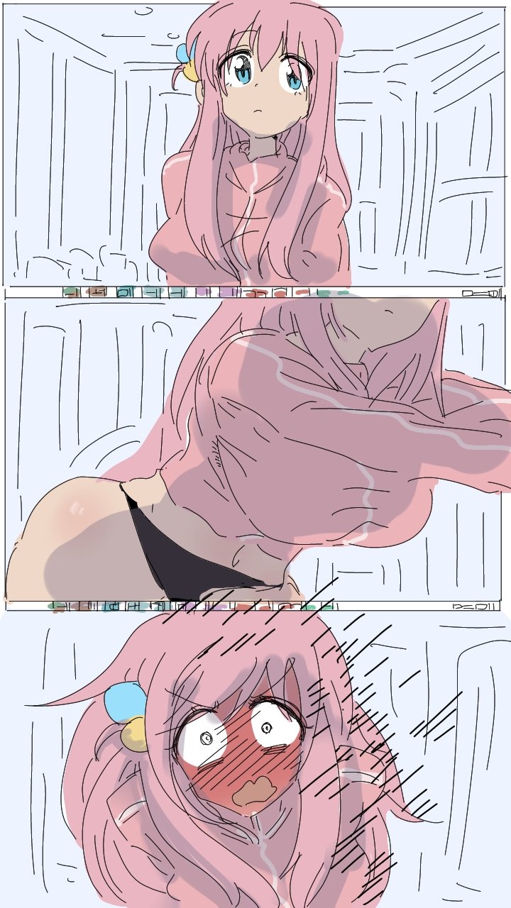 1girl accidental_exposure black_panties black_underwear_(female) blue_eyes blush bocchi_the_rock! breasts comic constricted_pupils covering_self desktop_(computing) embarrassed full-face_blush gotoh_hitori hair_ornament highres hip_focus jumpsuit large_breasts livestream looking_at_viewer motion_lines navel panties pants pink_hair pink_jumpsuit pink_pants pink_sweater reaching ruuharu shrunken_irises speed_lines ssuregigame standing surprised sweater thighs underwear wide-eyed wide_hips
