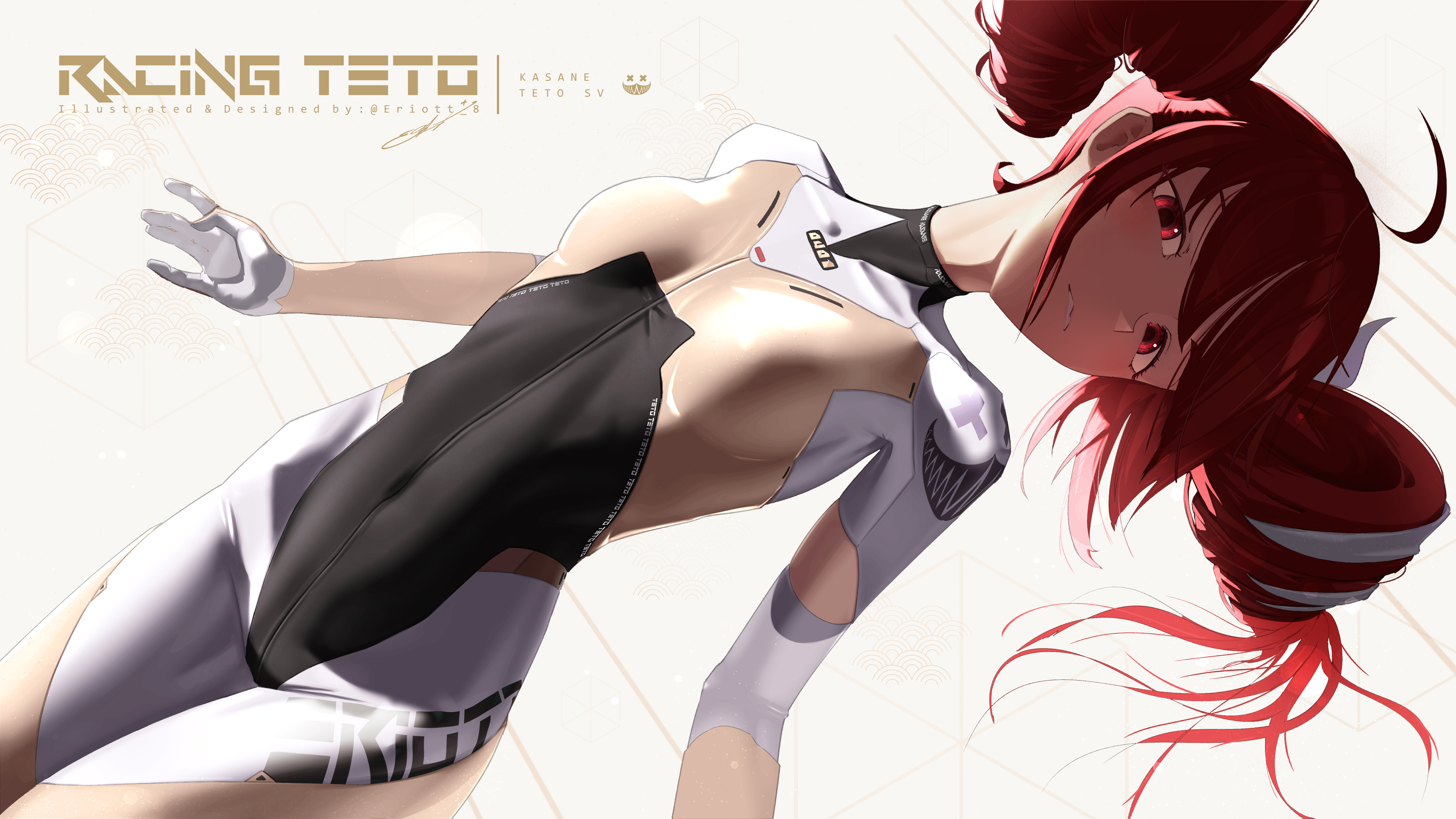 1girl absurdres ahoge alternate_costume armor artist_name biker_clothes bikesuit bodysuit bow breastplate breasts commentary covered_navel drill_hair elbow_gloves english_commentary eriott gloves goodsmile_racing highres hip_bones jumpsuit kasane_teto kasane_teto_(sv) long_sleeves looking_at_viewer medium_breasts open_mouth race_queen racing_suit red_eyes red_hair short_hair signature simple_background solo spacesuit synthesizer_v twin_drills twintails utau vocaloid white_bodysuit white_bow white_gloves white_jumpsuit