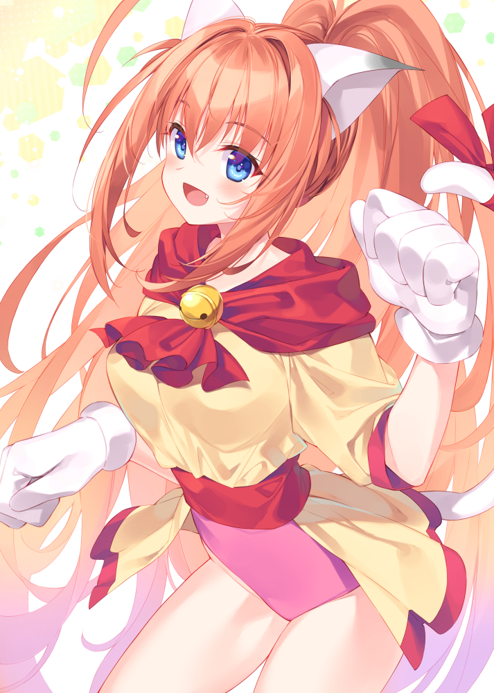 1girl animal_ears animal_hands bell blue_eyes breasts bucchake_(asami) cat_ears cat_paws cat_tail dress fang gloves hair_between_eyes high_ponytail large_breasts leotard long_hair melody_sinclair open_mouth paw_gloves pink_hair pink_leotard ponytail ribbon smile solo standing tail tail_ornament tail_ribbon thighs tooth wide_ponytail yellow_dress yuukyuu_gensoukyoku