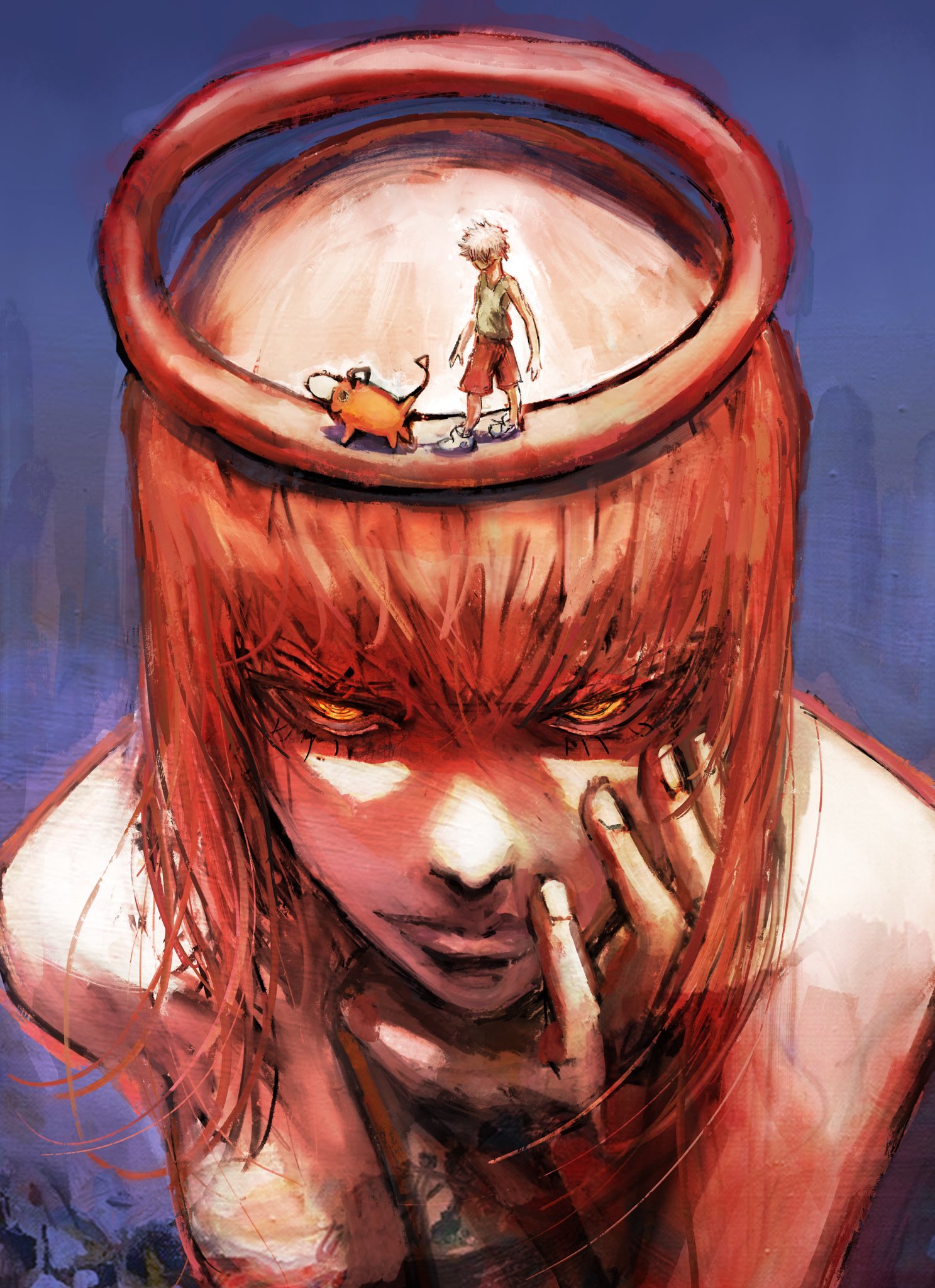 1boy 1girl blood blood_halo business_suit chainsaw chainsaw_man closed_mouth collared_shirt commentary denji_(chainsaw_man) english_commentary evil_smile formal_clothes halo handle highres kyezzzz liquid_halo looking_at_viewer makima_(chainsaw_man) medium_hair office_lady pet pochita_(chainsaw_man) pull_cord red_hair ringed_eyes shirt short_hair sidelocks smile solo_focus suit white_hair yellow_eyes