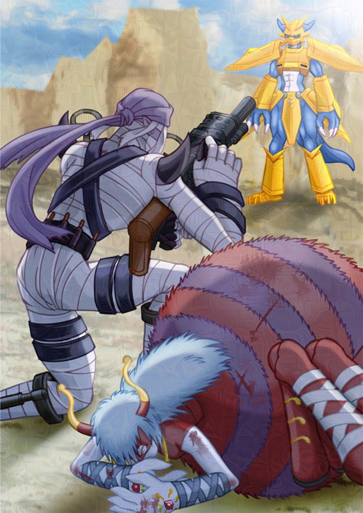 1girl 2boys adversarial_noise archnemon armor arthropod_girl blue_scales blue_skin colored_skin digimon digimon_(creature) digimon_adventure_02 dragon extra_legs gold_armor gold_helmet gun holding holding_gun holding_weapon insect_girl magnamon multiple_boys mummy mummymon spider_girl tsukaima_(vfcou) weapon