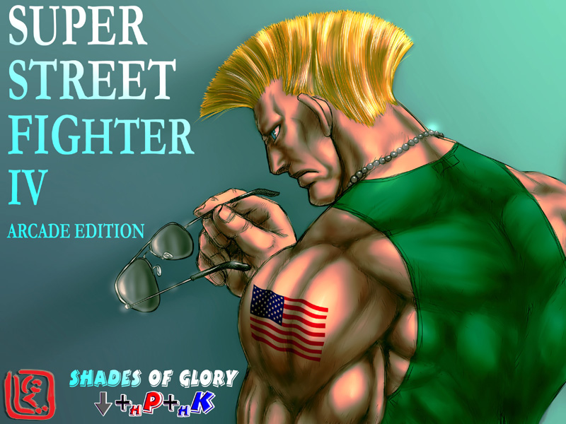 1boy american_flag aviator_sunglasses blonde_hair blue_eyes capcom dog_tags unworn_eyewear flattop guile holding holding_removed_eyewear male_focus muscular nikuji-kun short_hair solo street_fighter sunglasses tattoo