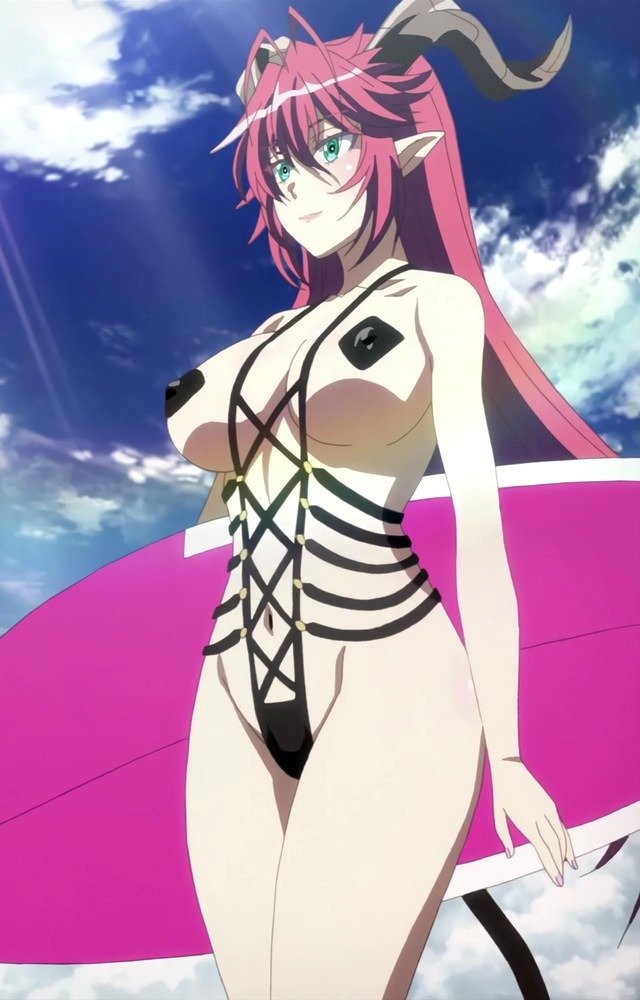 1girl arm_at_side asmodeus_(the_seven_deadly_sins) breasts closed_mouth cowboy_shot day green_eyes holding holding_surfboard horns large_breasts long_hair one-piece_swimsuit pasties red_hair solo standing surfboard swimsuit tagme the_seven_deadly_sins