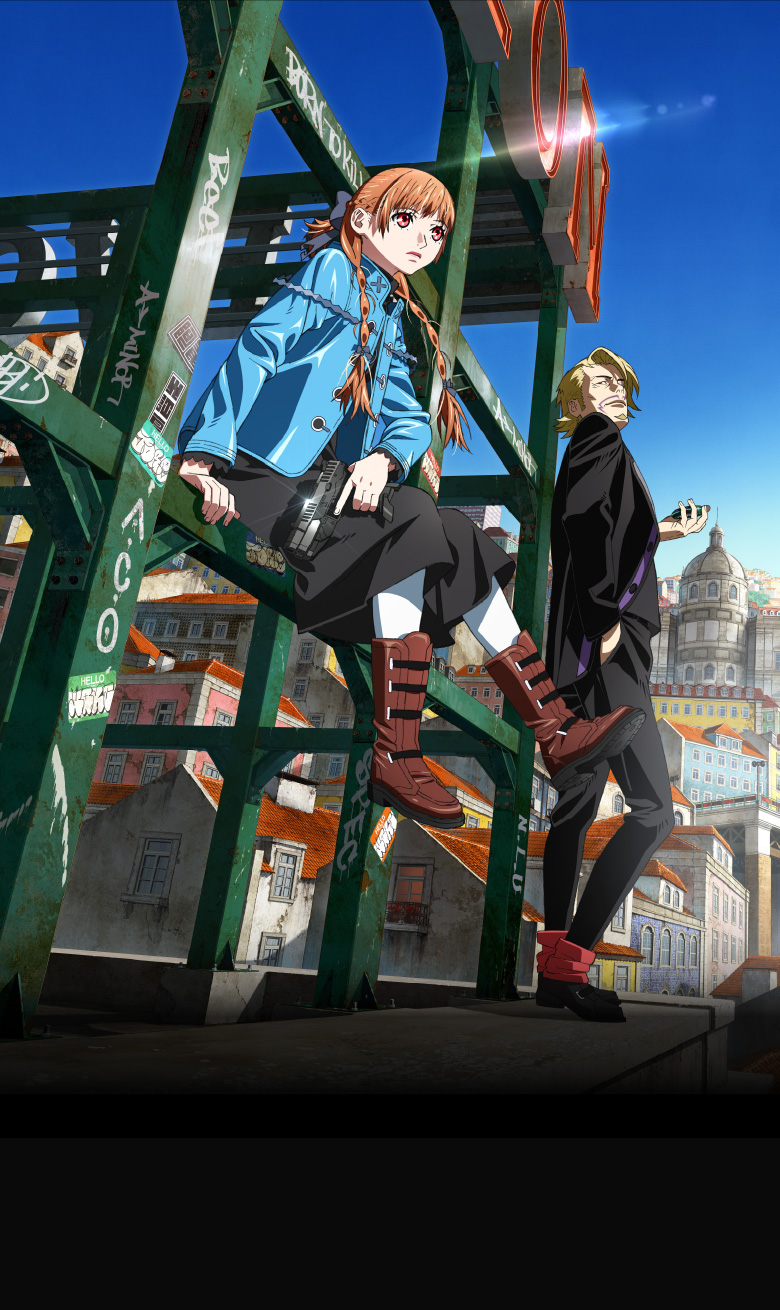 1boy 1girl anime_coloring ankle_boots aqua_jacket aqua_sleeves black_bow black_dress black_pants black_shoes black_sleeves black_suit blonde_hair blue_sky boots bow braid brown_boots building cheekbones closed_mouth collared_jacket dress dress_pants dress_shoes expressionless facial_hair fingernails formal_clothes frown goatee gradient_sky graffiti grey_vest gun hair_behind_ear hair_bow half_up_half_down_braid hand_in_pocket handgun high_collar highres holding holding_gun holding_weapon jacket key_visual lace-trimmed_sleeves lace_trim lens_flare long_hair long_sleeves loose_hair_strand low-braided_long_hair low-tied_long_hair low_twin_braids mature_male medium_dress medium_hair mr._elegance_(virgin_punk) name_tag nostrils official_art orange_hair outdoors pants pantyhose ponytail popped_collar promotional_art red_eyes red_socks rooftop second-party_source shoes short_ponytail sideburns single_hair_intake sitting sky socks spade_cutout standing suit sun_glare tile_roof twin_braids ubu_(virgin_punk) umetsu_yasuomi vest virgin_punk weapon white_pantyhose window wrinkled_skin