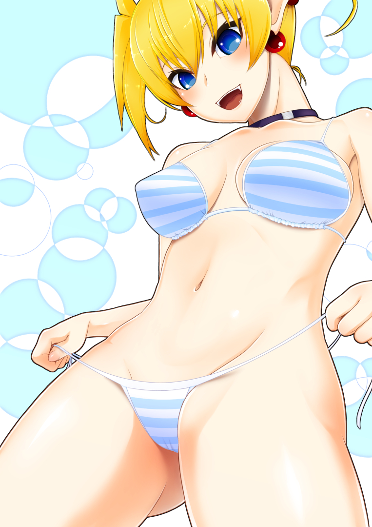 1girl arcana_heart bikini blonde_hair blue_eyes breasts examu fangs female_focus lilica_felchenerow looking_at_viewer looking_down navel pointy_ears short_hair smile solo striped_bikini striped_clothes swimsuit tomatto_(@ma!) twintails