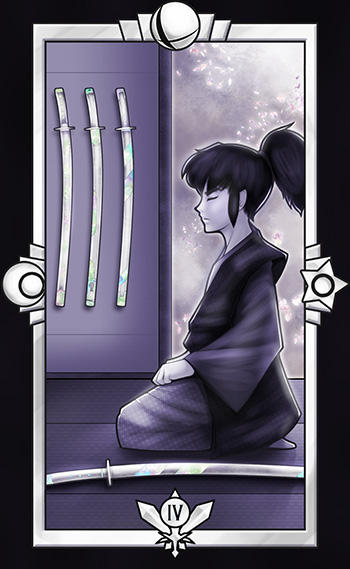 1boy barefoot card_(medium) closed_eyes closed_mouth commentary crescent english_commentary expressionless full_body hakama hakama_pants haori indoors japanese_clothes katana kimono limited_palette long_hair long_sleeves male_focus meditation nintendo pants ponytail quas-quas smash_ball solo star_(symbol) super_smash_bros. sword takamaru_(nazo_no_murasame-jou) tarot tarot_(medium) the_mysterious_murasame_castle tree weapon wide_sleeves wooden_floor