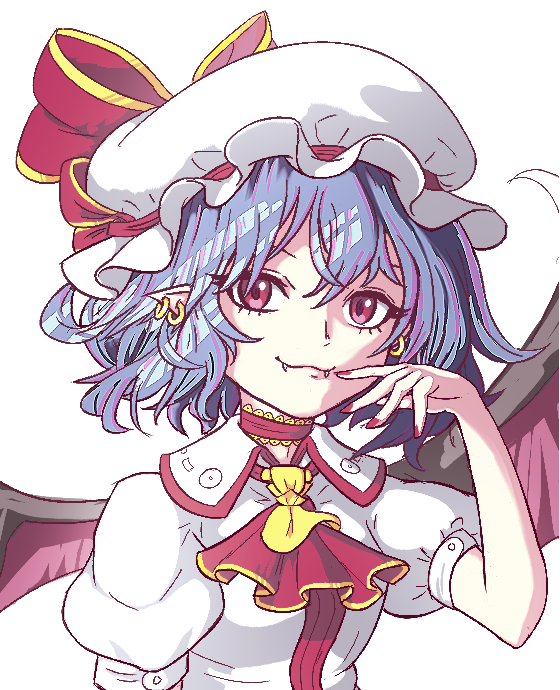1girl :3 aksawshin ascot bat_wings blue_hair brooch choker dress earrings fangs hat hat_ribbon jewelry mob_cap pointy_ears puffy_short_sleeves puffy_sleeves red_ascot red_eyes remilia_scarlet ribbon short_hair short_sleeves touhou white_dress wings wrist_cuffs
