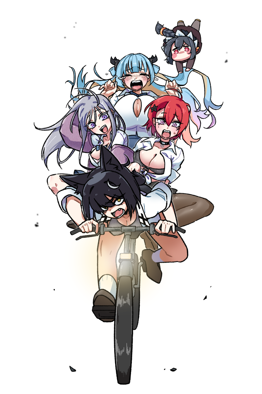 5girls adapted_costume aged_down amesuku_gyaru animal_ears bicycle black_hair black_pantyhose black_wyrm_(last_origin) blonde_hair blue_hair blush_stickers braid braided_ponytail breasts cheona_(last_origin) chibi choker cleavage dog_ears dog_girl dress fafnir_(last_origin) fake_horns fangs grey_hair gyaru hair_ornament highres horns huge_breasts janghwa_(last_origin) kogal large_breasts last_origin long_hair maid_headdress medium_breasts mogijabgo mole mole_under_eye multicolored_hair multiple_girls open_mouth pantyhose purple_eyes red_eyes red_hair ribbon riding riding_bicycle school_uniform shoes short_hair slit_pupils socks sports_bra tearing_up two-tone_hair vargr_(last_origin) very_long_hair white_background