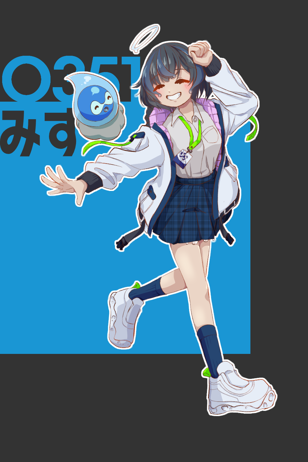 1girl ^_^ arm_up black_background black_hair black_socks blue_background blue_skirt blue_socks blush breasts castform closed_eyes collared_shirt dasima_a drawstring drenched_shizuku-san dress_shirt facing_viewer full_body gen_3_pokemon grey_shirt grin halo highres hood hood_down id_card jacket kneehighs lanyard long_sleeves nintendo open_clothes open_jacket outline outstretched_arm plaid_clothes plaid_skirt pleated_skirt pokemon puffy_long_sleeves puffy_sleeves school_uniform shirt shoes short_hair skirt smile sneakers socks solo two-tone_background vrchat white_jacket white_outline white_shirt white_shoes