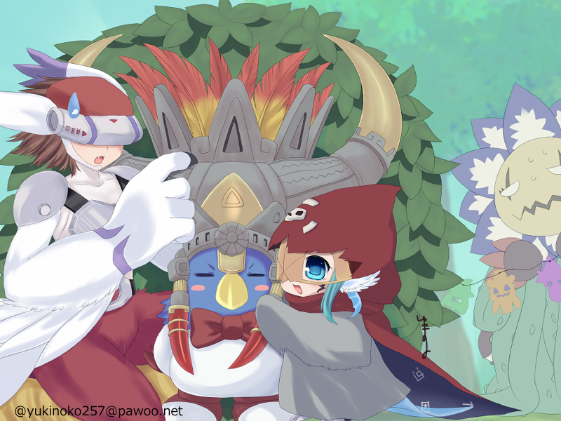 blossomon cosplay covered_eyes delumon digimon digimon_(creature) fantomon fantomon_(cosplay) fusion halloween halloween_costume helmet long_ears mask ribbon silphymon sirenmon tlalocmon tlalocmon_(cosplay)