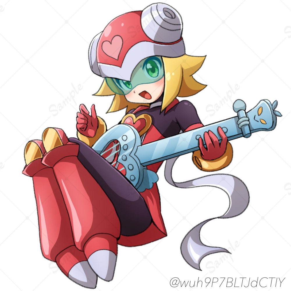 1girl :d assault_visor black_bodysuit blonde_hair bodysuit dress full_body green_eyes guitar harp_note_(mega_man) helmet holding holding_guitar holding_instrument instrument looking_at_viewer mega_man_(series) mega_man_star_force_(series) open_mouth pink_dress pink_helmet short_hair smile solo sonia_strumm_(mega_man) twitter_username wuh9p7bltjdctiy