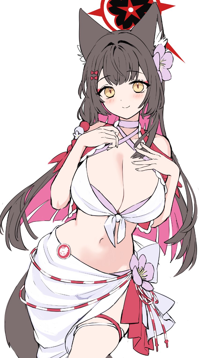 1girl alternate_costume animal_ear_fluff animal_ears bikini blue_archive blush breasts brown_hair cleavage closed_mouth colored_inner_hair commentary_request flower fox_ears fox_girl fox_tail hair_flower hair_intakes hair_ornament halo halterneck hands_on_own_chest highres ichinomiya_(blantte) large_breasts layered_bikini long_hair looking_at_viewer multicolored_hair navel pink_flower pink_hair red_halo sarong simple_background slit_pupils smile solo stomach swimsuit tail thighs wakamo_(blue_archive) wakamo_(pizza_hut)_(blue_archive) white_background white_bikini white_sarong yellow_eyes