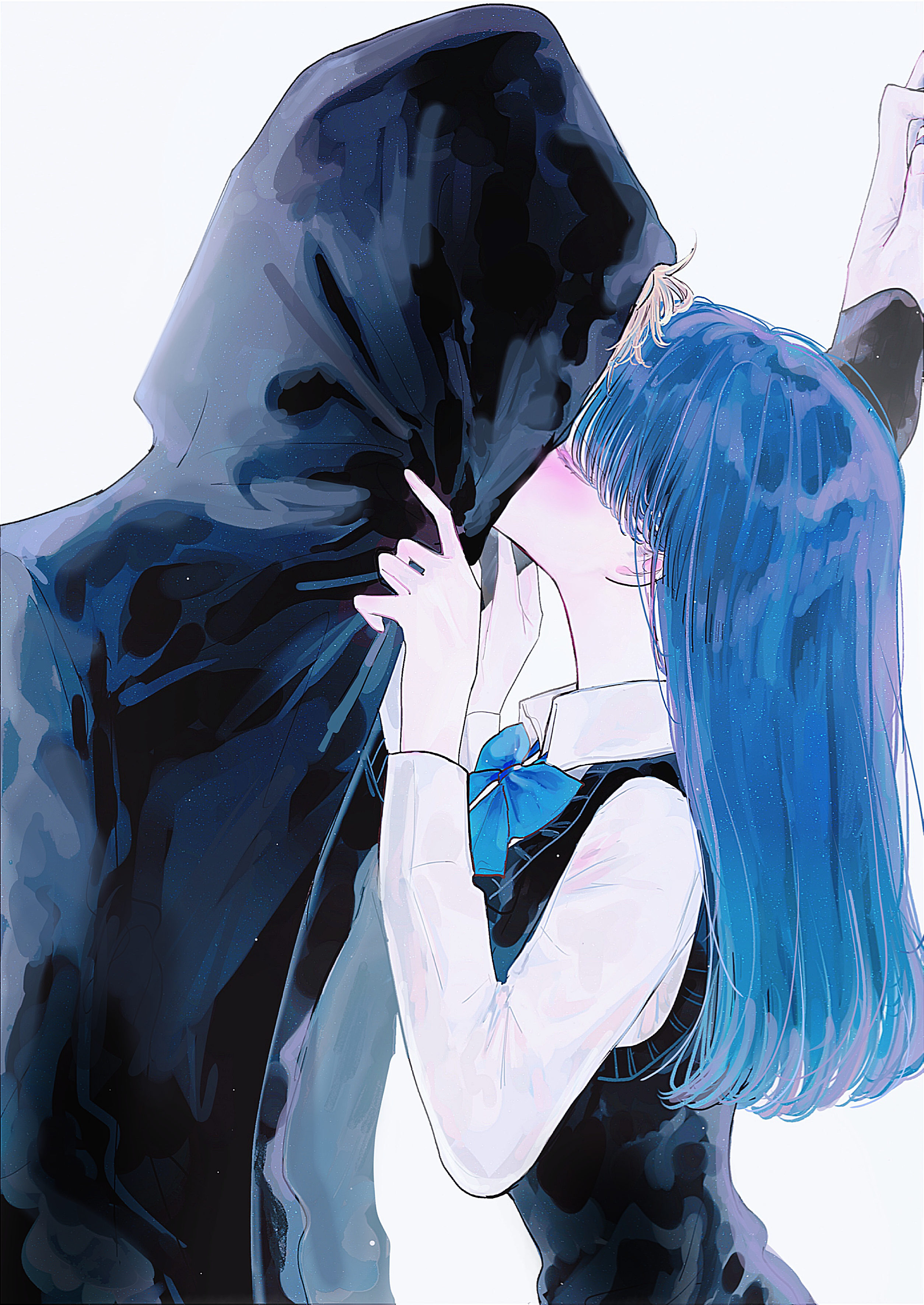 1boy 1girl absurdres black_jacket black_sweater_vest blonde_hair blue_bow blue_bowtie blue_hair bow bowtie collared_shirt commentary_request hetero highres hood hood_up hooded_jacket hoshino_aquamarine jacket kiss kurokawa_akane long_hair long_sleeves monthi oshi_no_ko school_uniform shirt simple_background sweater_vest upper_body white_background white_shirt