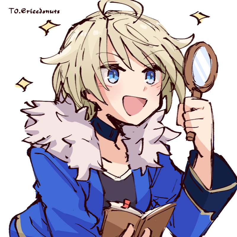 1girl ahoge alonemistrist blonde_hair blue_eyes book fire_emblem fire_emblem_engage fur_trim holding holding_book holding_magnifying_glass magnifying_glass merrin_(fire_emblem) nintendo open_book open_mouth short_hair smile solo
