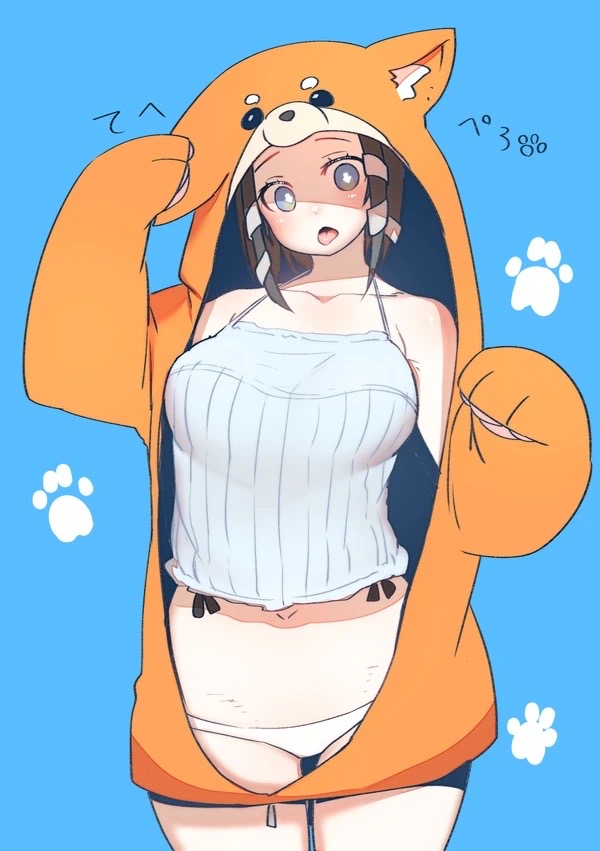 1girl animal_costume animal_ears animal_hood arrow arrow_(en&#039;en_no_shouboutai) breasts en&#039;en_no_shouboutai hood japanese_clothes large_breasts panties shimobaru short_hair solo tagme tehepero tongue tongue_out underwear