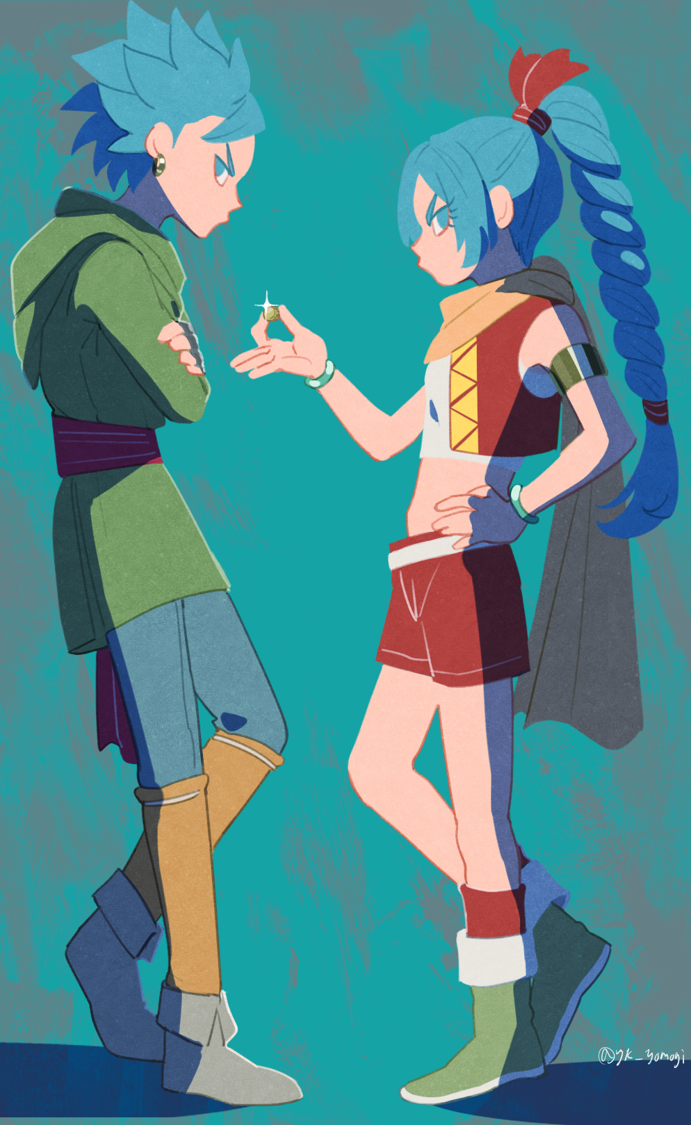 1boy 29000 armlet belt blue_eyes blue_hair blue_pants boots bracelet braid braided_ponytail brother_and_sister camus_(dq11) coin commentary_request cropped_shirt crossed_arms dragon_quest dragon_quest_xi earrings fingerless_gloves full_body gloves gold_armlet gold_earrings green_boots green_tunic grey_gloves hair_ribbon hand_on_own_hip highres holding holding_coin hoop_earrings jewelry looking_at_viewer looking_to_the_side maya_(dq11) orange_scarf pants profile red_ribbon red_sash red_shorts red_socks red_vest ribbon sash scarf shirt short_hair shorts siblings single_bang socks spiked_hair tunic twitter_username vest white_belt white_shirt